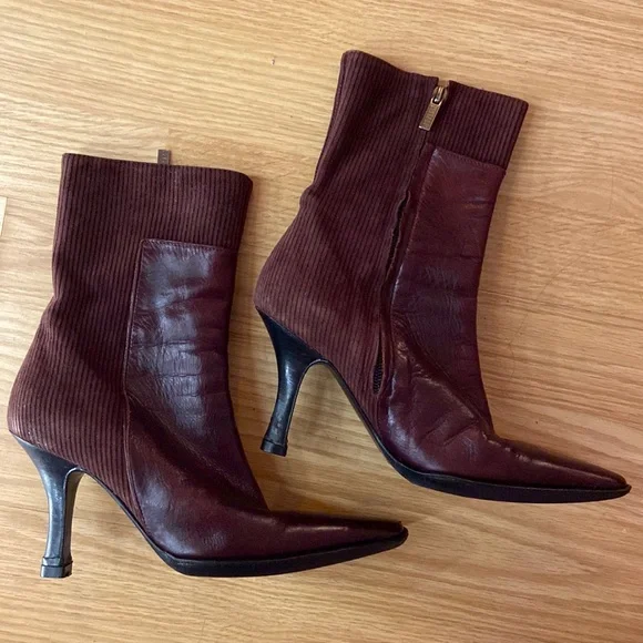 Leather and Corduroy Wine Heeled Boots - Picture 1 of 4